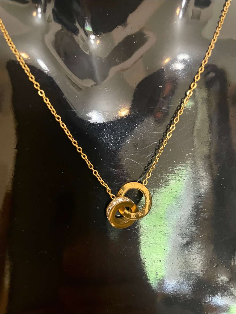 Interlocking Rings Roman Numerals Gold Plated CZ Pendant Necklace NWOT
